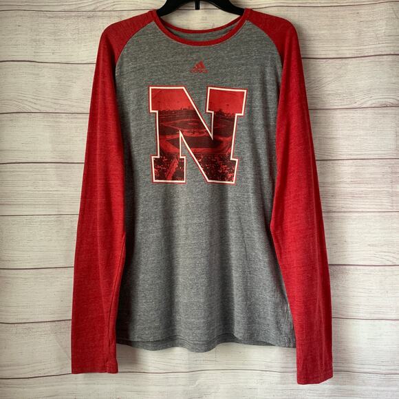 Adidas Heathered Gray Red Nebraska Cornhusker BERM ZONE Baseball Raglan Shirt L - Picture 1 of 10